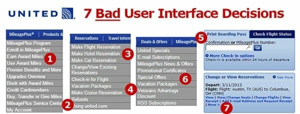 14 Lessons From The Best and Worst Websites In The Travel Industry: United Bad Menu Design