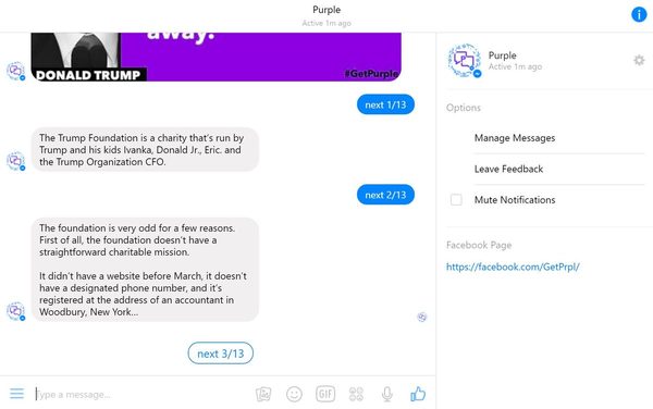 Purple political news chatbot running inside Facebook Messenger