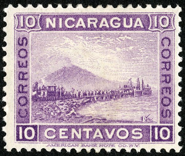 Nicaraguan postage stamp showing the smoking Momotombo volcano