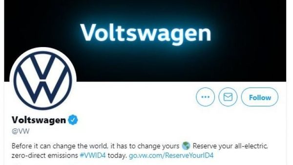 Volkswagen Voltswagen April Fool’s name change announcement