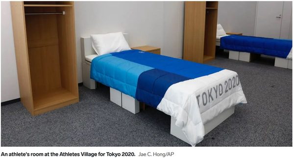 A cardboard bed inside the Tokyo Olympic Village