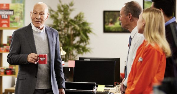Patrick Stewart delivering a farewell speech in the Yorkshire Tea ad