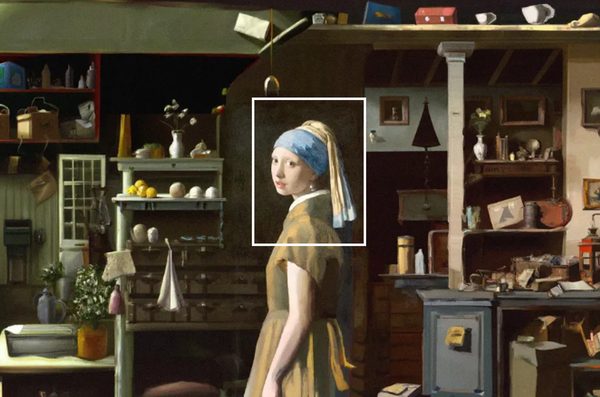 An AI outpainted version of Girl With a Pearl Earring showing the scene beyond the frame