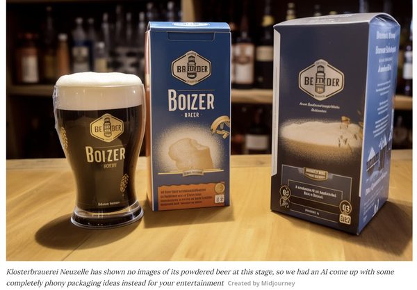 AI-generated packaging concept for a powdered beer product