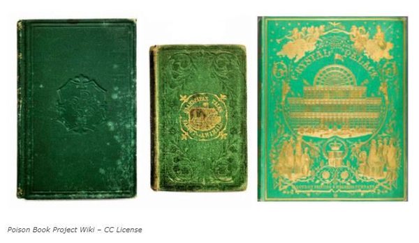 Antique books with green arsenic-tinted covers