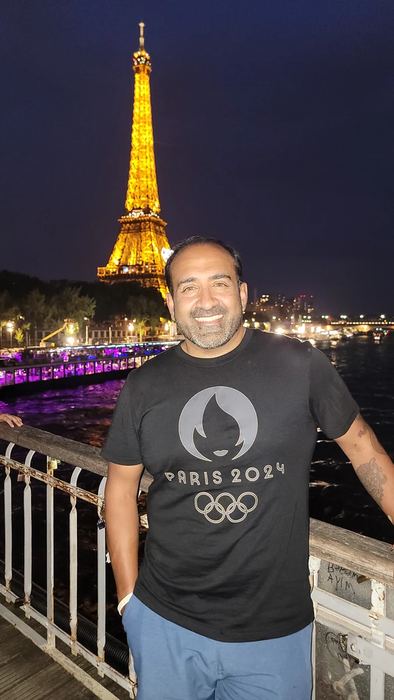Rohit in front of the Eiffel Tower at the Paris 2024 Olympics